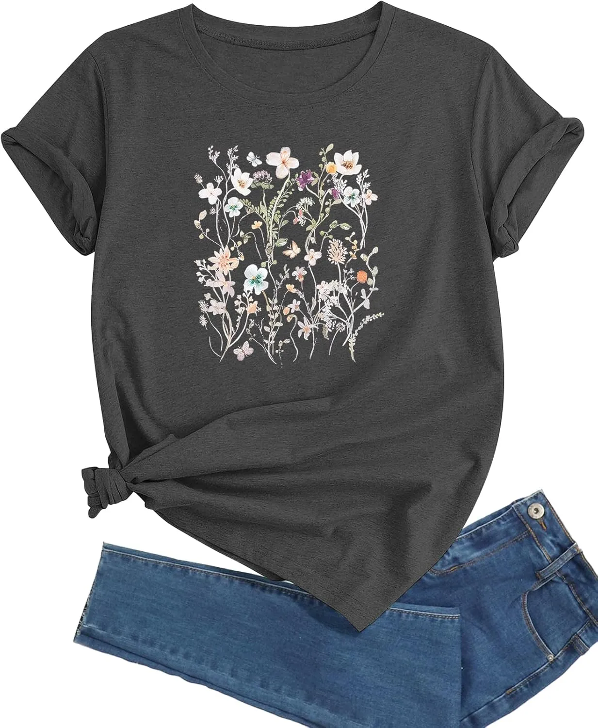 J&DHUASHA Women's Sunflower T-Shirt Short Sleeve Crewneck Floral Graphic Tees Summer Print Casual Tops