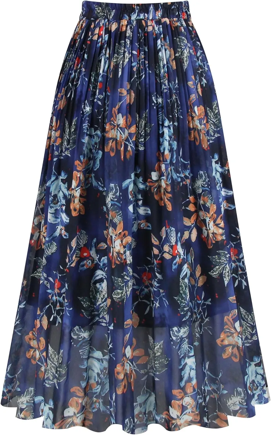 Kingfancy Women's Pleated Skirt Chiffon Elastic Waist A-Line Midi Length Skirt