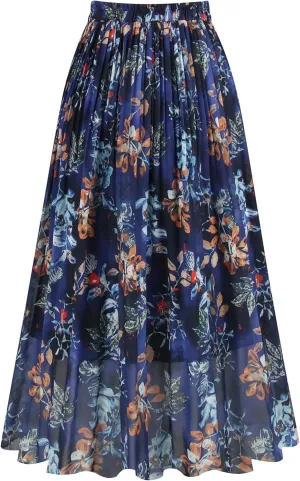 Kingfancy Women's Pleated Skirt Chiffon Elastic Waist A-Line Midi Length Skirt
