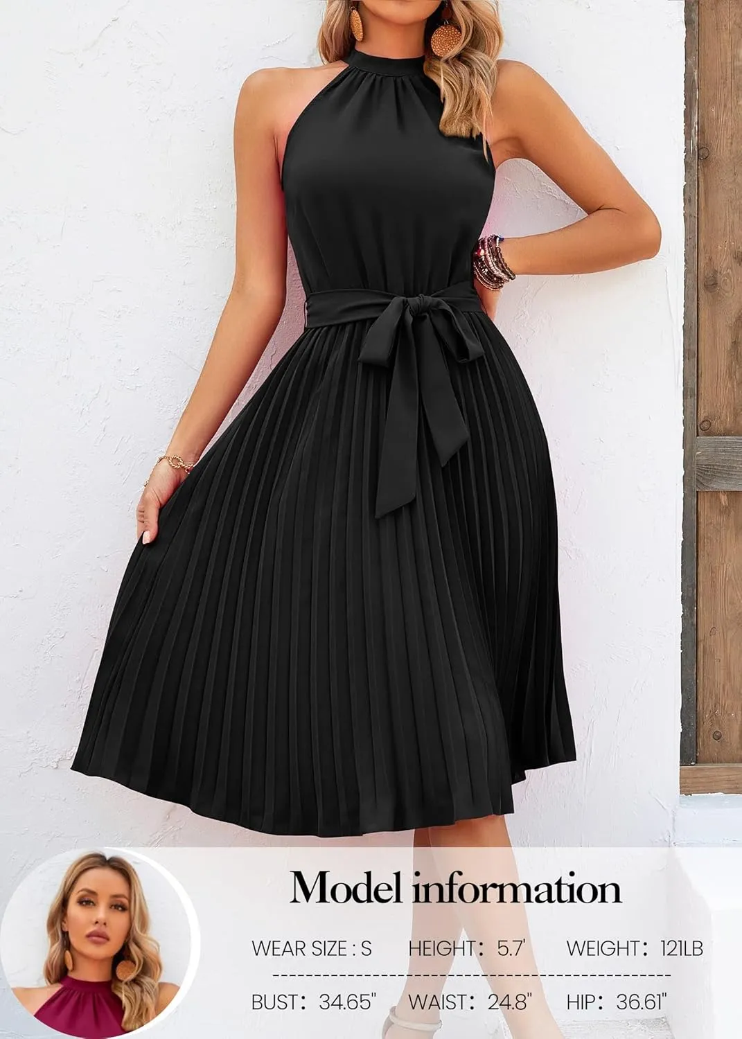 KIRUNDO Women's 2025 Summer Sleeveless Halter Neck Pleated Midi Cocktail Dresses A Line Flowy Beach Sun Dress with Belt