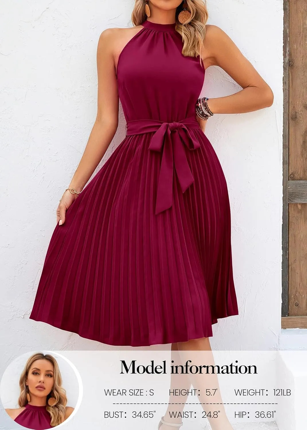 KIRUNDO Women's 2025 Summer Sleeveless Halter Neck Pleated Midi Cocktail Dresses A Line Flowy Beach Sun Dress with Belt
