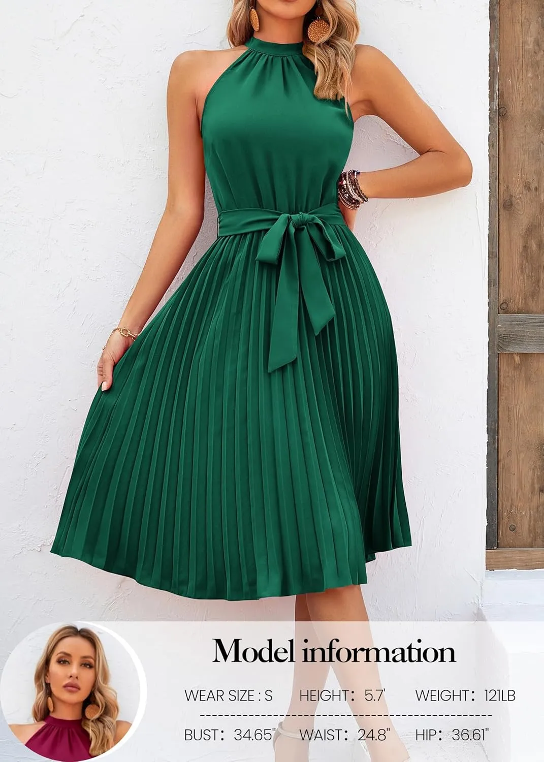 KIRUNDO Women's 2025 Summer Sleeveless Halter Neck Pleated Midi Cocktail Dresses A Line Flowy Beach Sun Dress with Belt