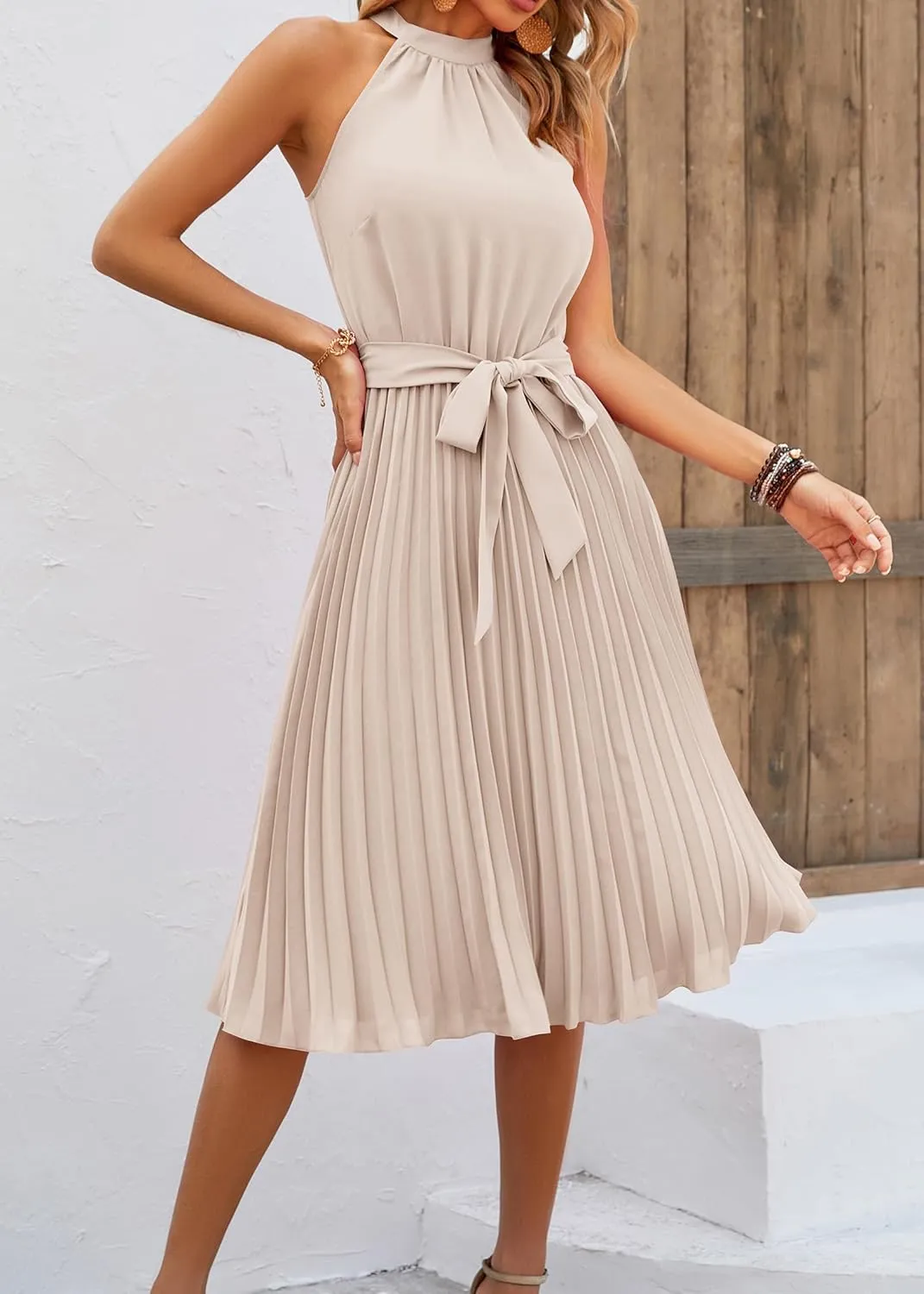KIRUNDO Women's 2025 Summer Sleeveless Halter Neck Pleated Midi Cocktail Dresses A Line Flowy Beach Sun Dress with Belt
