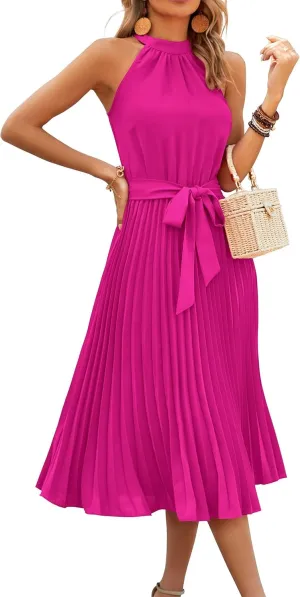 KIRUNDO Women's 2025 Summer Sleeveless Halter Neck Pleated Midi Cocktail Dresses A Line Flowy Beach Sun Dress with Belt