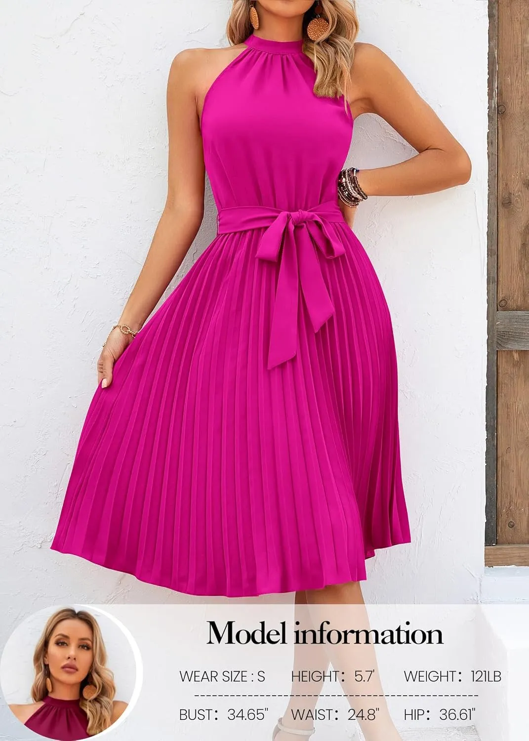 KIRUNDO Women's 2025 Summer Sleeveless Halter Neck Pleated Midi Cocktail Dresses A Line Flowy Beach Sun Dress with Belt