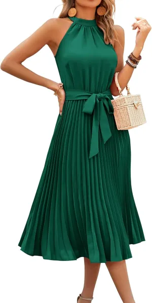 KIRUNDO Women's 2025 Summer Sleeveless Halter Neck Pleated Midi Cocktail Dresses A Line Flowy Beach Sun Dress with Belt
