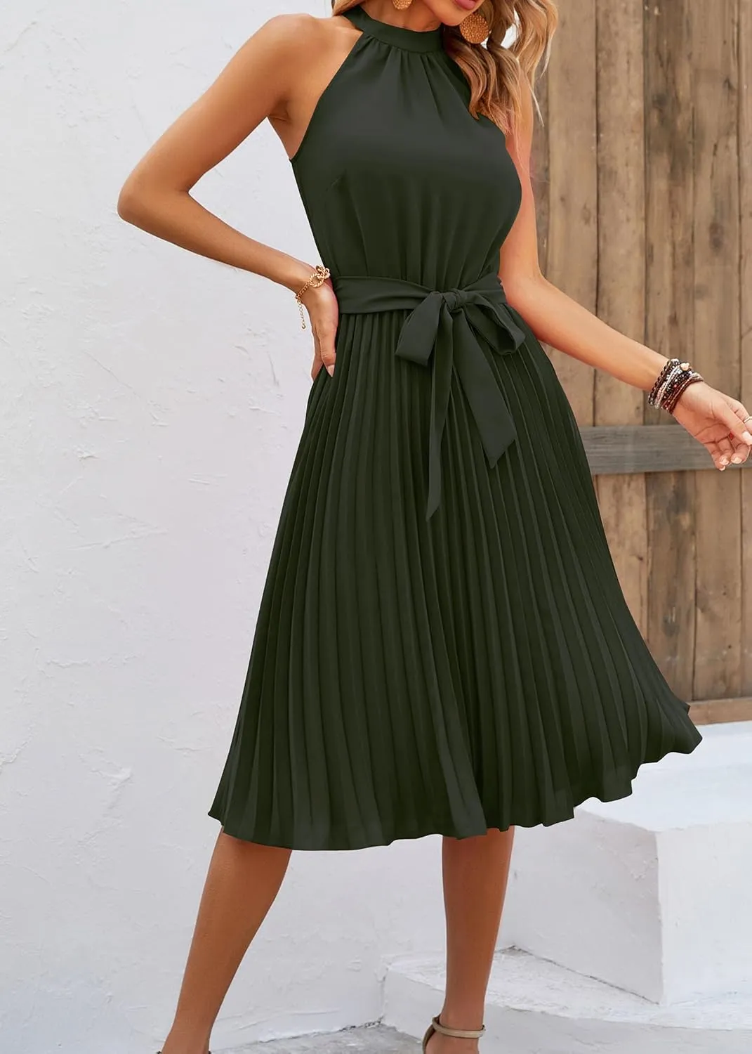 KIRUNDO Women's 2025 Summer Sleeveless Halter Neck Pleated Midi Cocktail Dresses A Line Flowy Beach Sun Dress with Belt