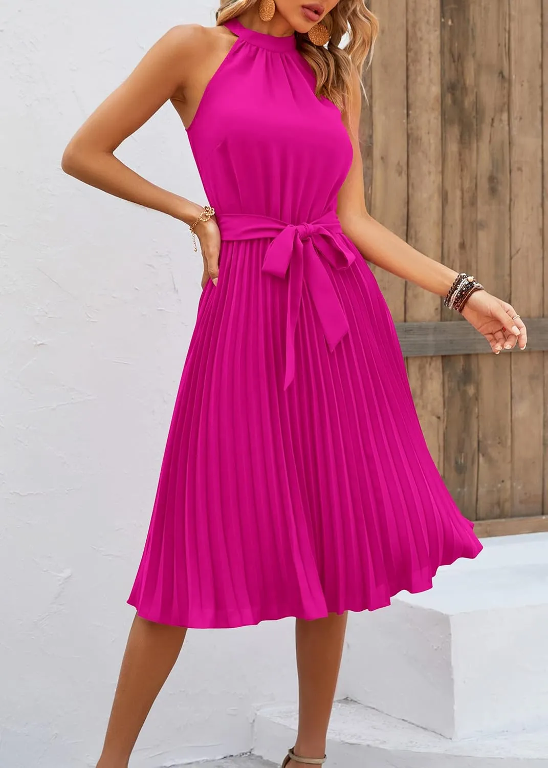 KIRUNDO Women's 2025 Summer Sleeveless Halter Neck Pleated Midi Cocktail Dresses A Line Flowy Beach Sun Dress with Belt