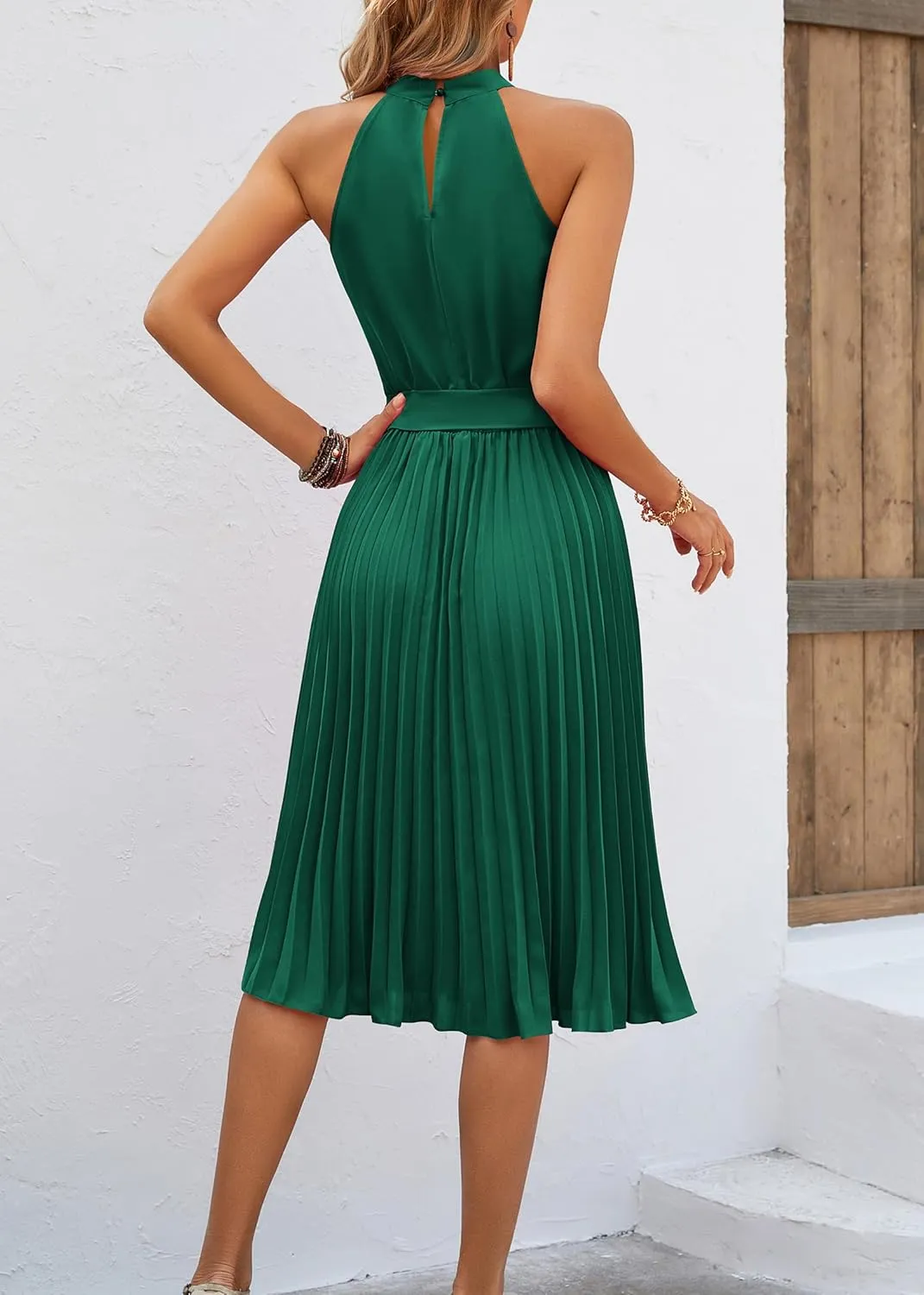 KIRUNDO Women's 2025 Summer Sleeveless Halter Neck Pleated Midi Cocktail Dresses A Line Flowy Beach Sun Dress with Belt
