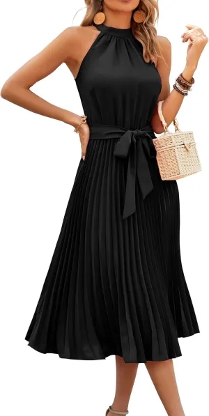 KIRUNDO Women's 2025 Summer Sleeveless Halter Neck Pleated Midi Cocktail Dresses A Line Flowy Beach Sun Dress with Belt