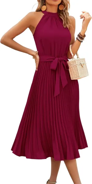 KIRUNDO Women's 2025 Summer Sleeveless Halter Neck Pleated Midi Cocktail Dresses A Line Flowy Beach Sun Dress with Belt