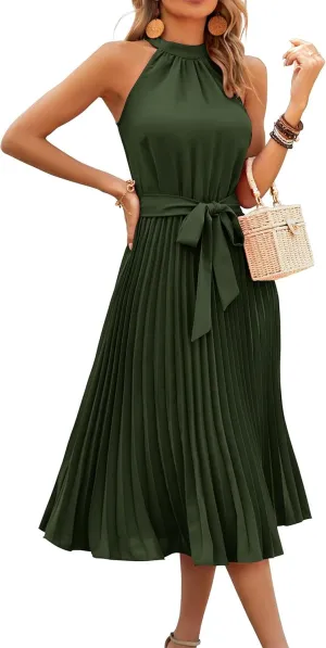 KIRUNDO Women's 2025 Summer Sleeveless Halter Neck Pleated Midi Cocktail Dresses A Line Flowy Beach Sun Dress with Belt