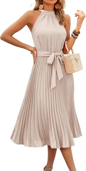 KIRUNDO Women's 2025 Summer Sleeveless Halter Neck Pleated Midi Cocktail Dresses A Line Flowy Beach Sun Dress with Belt
