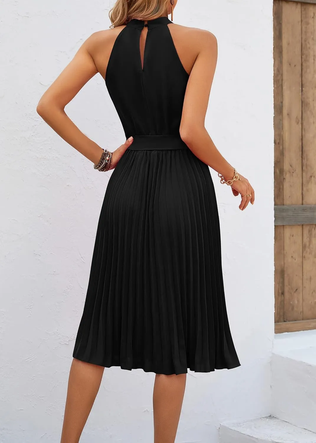 KIRUNDO Women's 2025 Summer Sleeveless Halter Neck Pleated Midi Cocktail Dresses A Line Flowy Beach Sun Dress with Belt