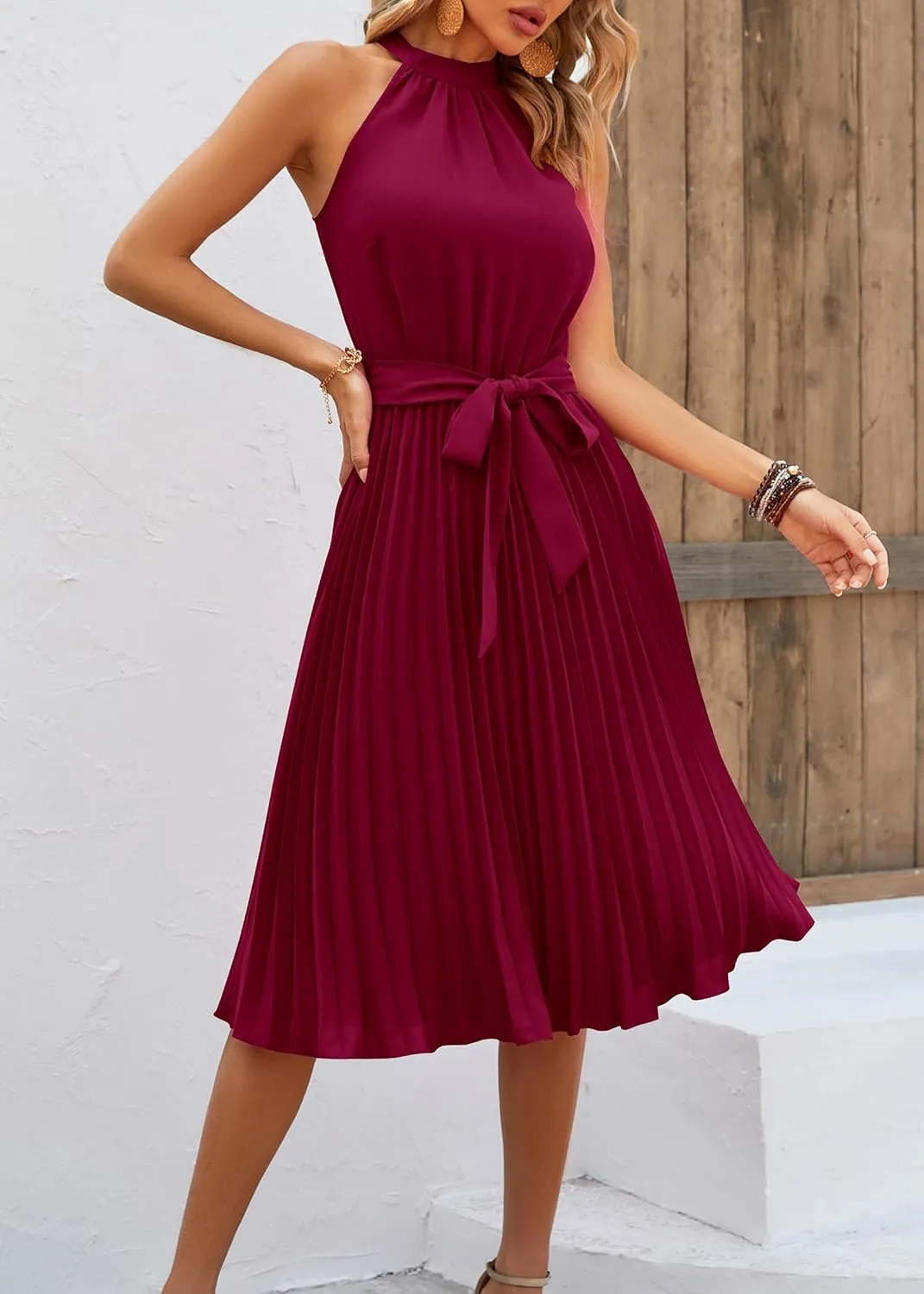 KIRUNDO Women's 2025 Summer Sleeveless Halter Neck Pleated Midi Cocktail Dresses A Line Flowy Beach Sun Dress with Belt