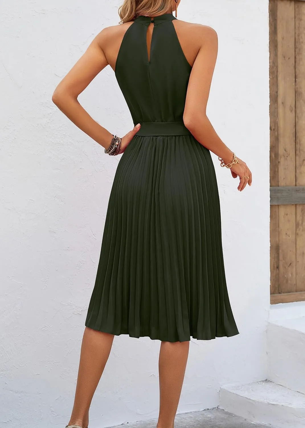 KIRUNDO Women's 2025 Summer Sleeveless Halter Neck Pleated Midi Cocktail Dresses A Line Flowy Beach Sun Dress with Belt