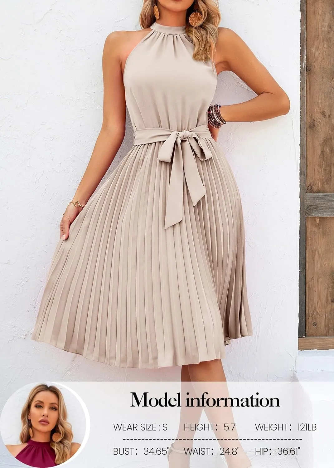 KIRUNDO Women's 2025 Summer Sleeveless Halter Neck Pleated Midi Cocktail Dresses A Line Flowy Beach Sun Dress with Belt