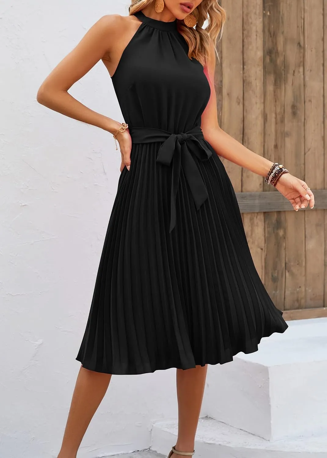 KIRUNDO Women's 2025 Summer Sleeveless Halter Neck Pleated Midi Cocktail Dresses A Line Flowy Beach Sun Dress with Belt