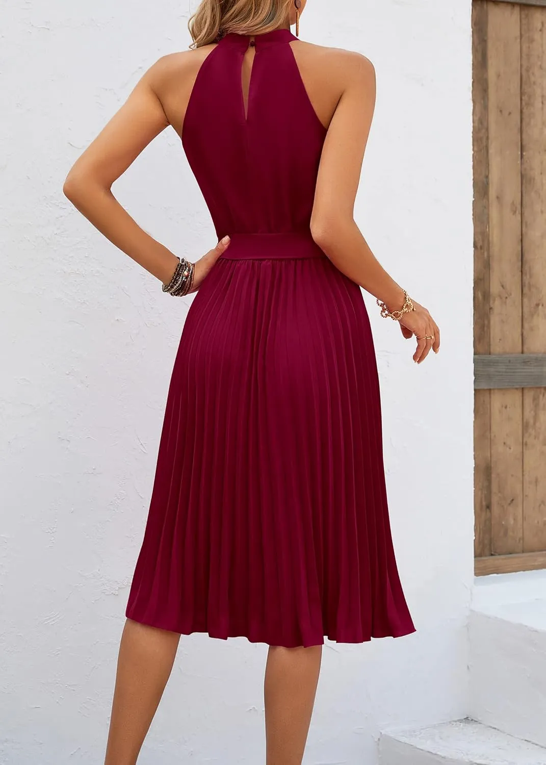 KIRUNDO Women's 2025 Summer Sleeveless Halter Neck Pleated Midi Cocktail Dresses A Line Flowy Beach Sun Dress with Belt