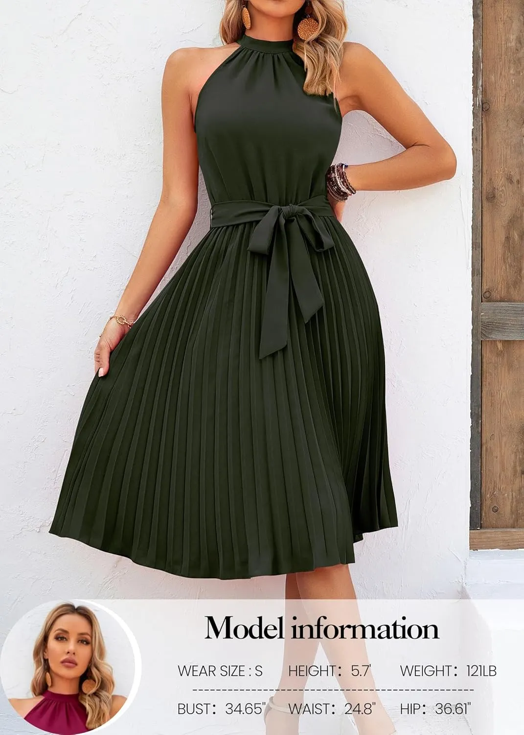 KIRUNDO Women's 2025 Summer Sleeveless Halter Neck Pleated Midi Cocktail Dresses A Line Flowy Beach Sun Dress with Belt
