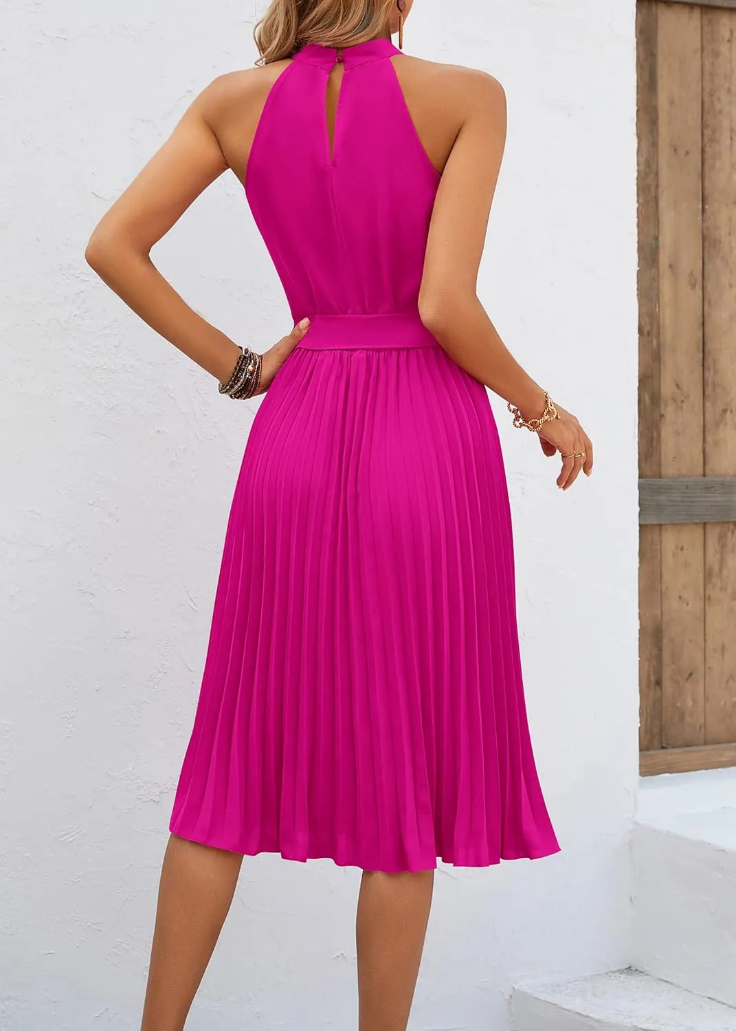 KIRUNDO Women's 2025 Summer Sleeveless Halter Neck Pleated Midi Cocktail Dresses A Line Flowy Beach Sun Dress with Belt