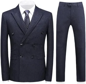 KUDORO Mens Suits 3 Piece Slim Fit Suit Double Breasted Pinstripe Suit Formal Wedding Tuxedo Suit