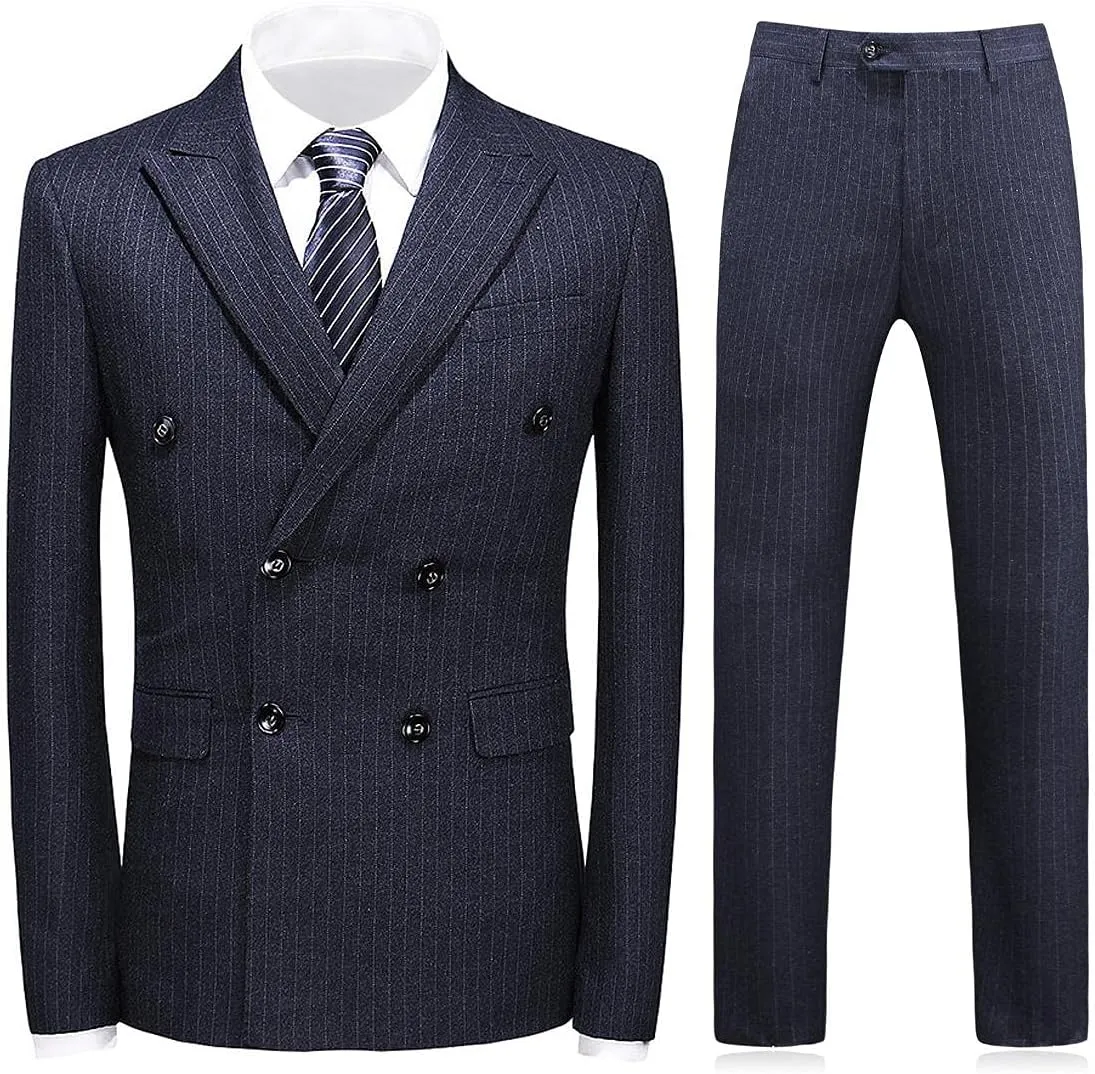 KUDORO Mens Suits 3 Piece Slim Fit Suit Double Breasted Pinstripe Suit Formal Wedding Tuxedo Suit
