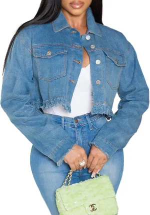 LaiyiVic Denim Jacket for Women Winter Long Sleeve Classic Distressed Butterfly Jean Trucker Jackets