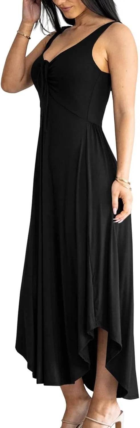 Langwyqu Womens 2025 Summer Sleeveless Tank Dress Empire Waist Asymmetrical Flowy Casual Maxi Dresses