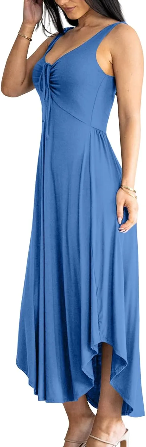 Langwyqu Womens 2025 Summer Sleeveless Tank Dress Empire Waist Asymmetrical Flowy Casual Maxi Dresses