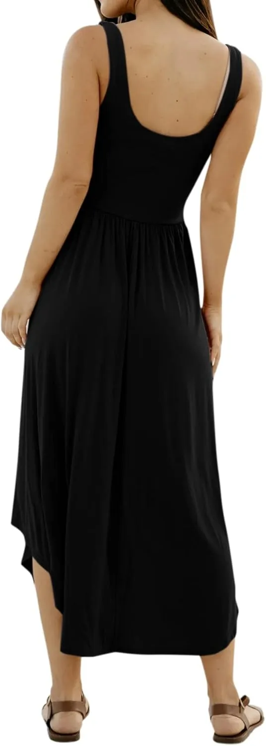 Langwyqu Womens 2025 Summer Sleeveless Tank Dress Empire Waist Asymmetrical Flowy Casual Maxi Dresses