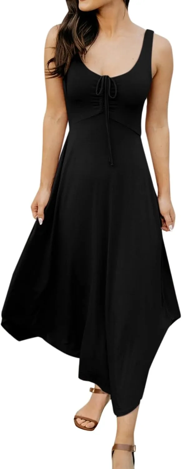 Langwyqu Womens 2025 Summer Sleeveless Tank Dress Empire Waist Asymmetrical Flowy Casual Maxi Dresses