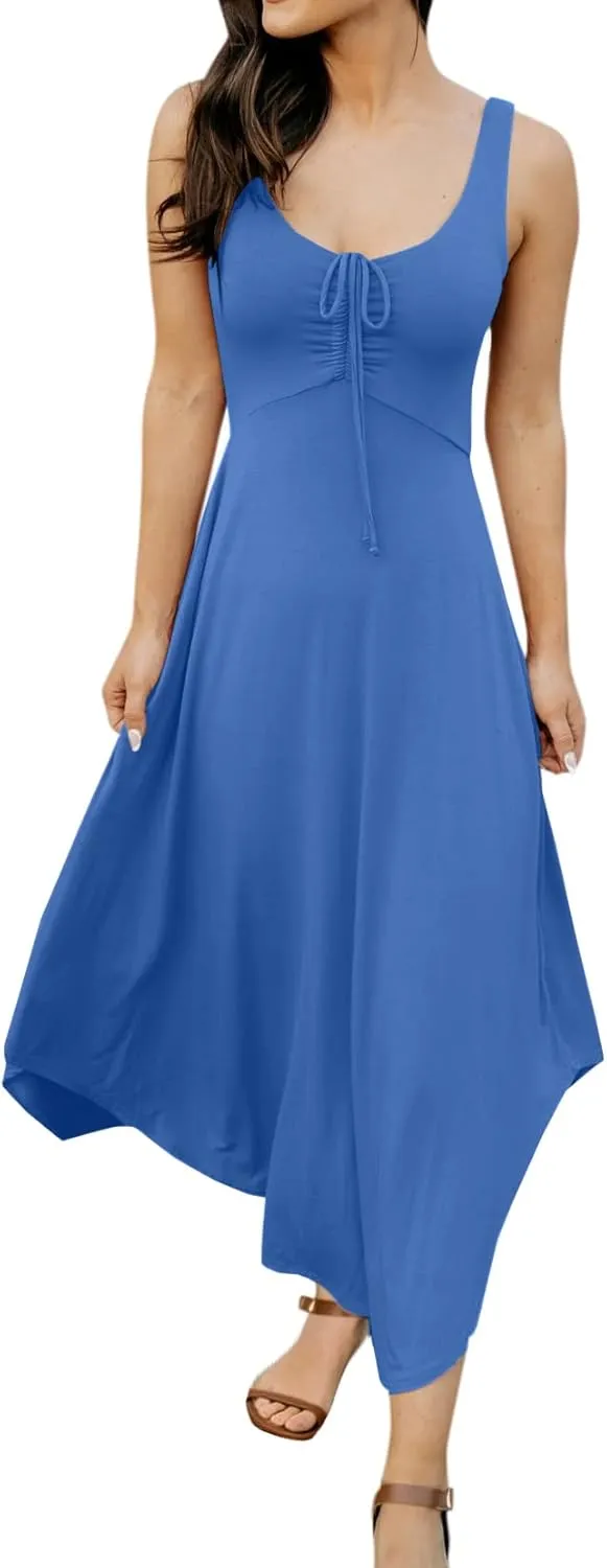 Langwyqu Womens 2025 Summer Sleeveless Tank Dress Empire Waist Asymmetrical Flowy Casual Maxi Dresses