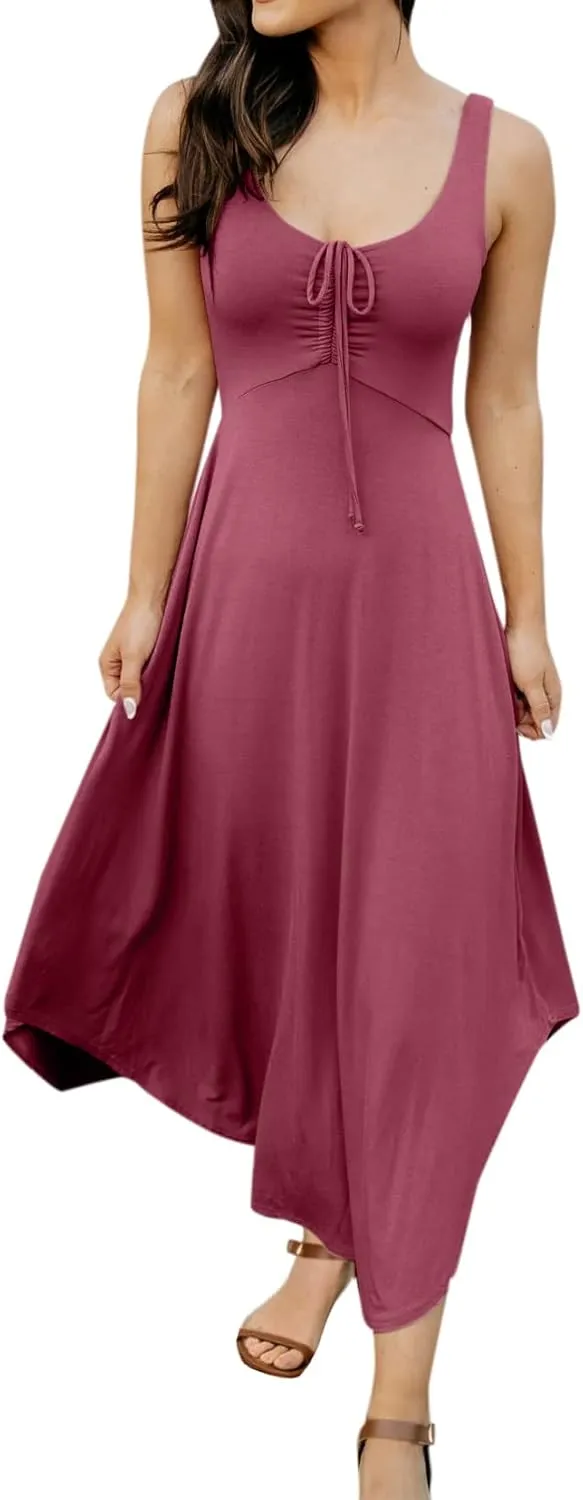 Langwyqu Womens 2025 Summer Sleeveless Tank Dress Empire Waist Asymmetrical Flowy Casual Maxi Dresses
