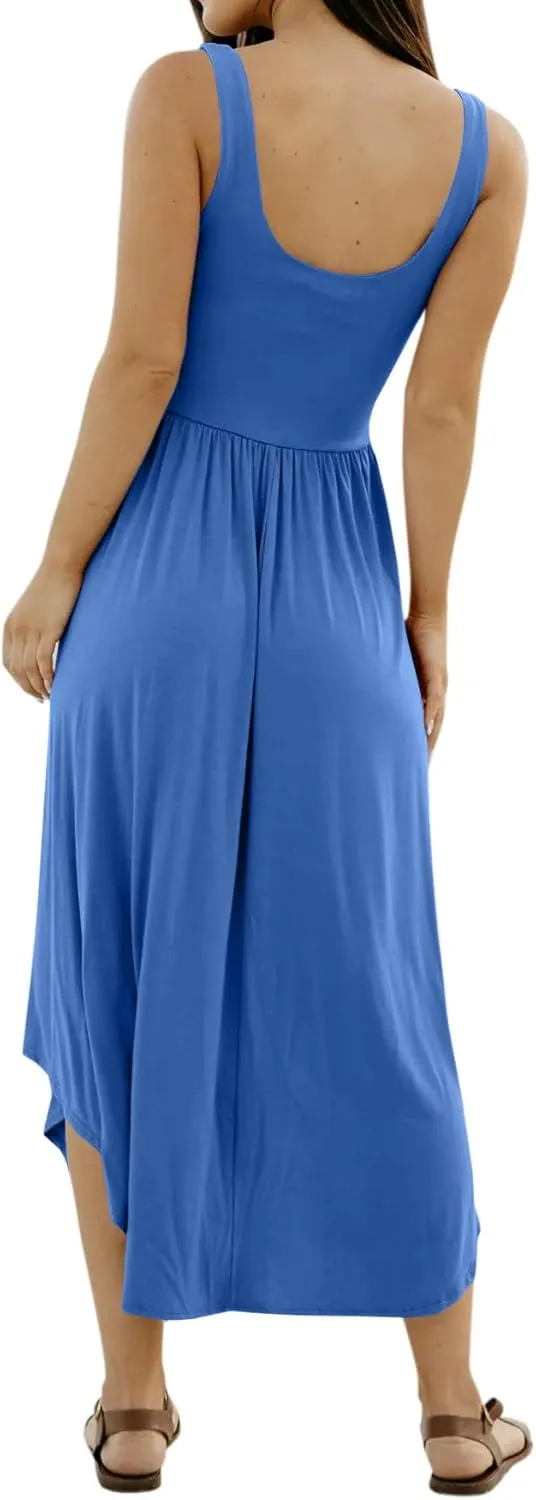 Langwyqu Womens 2025 Summer Sleeveless Tank Dress Empire Waist Asymmetrical Flowy Casual Maxi Dresses