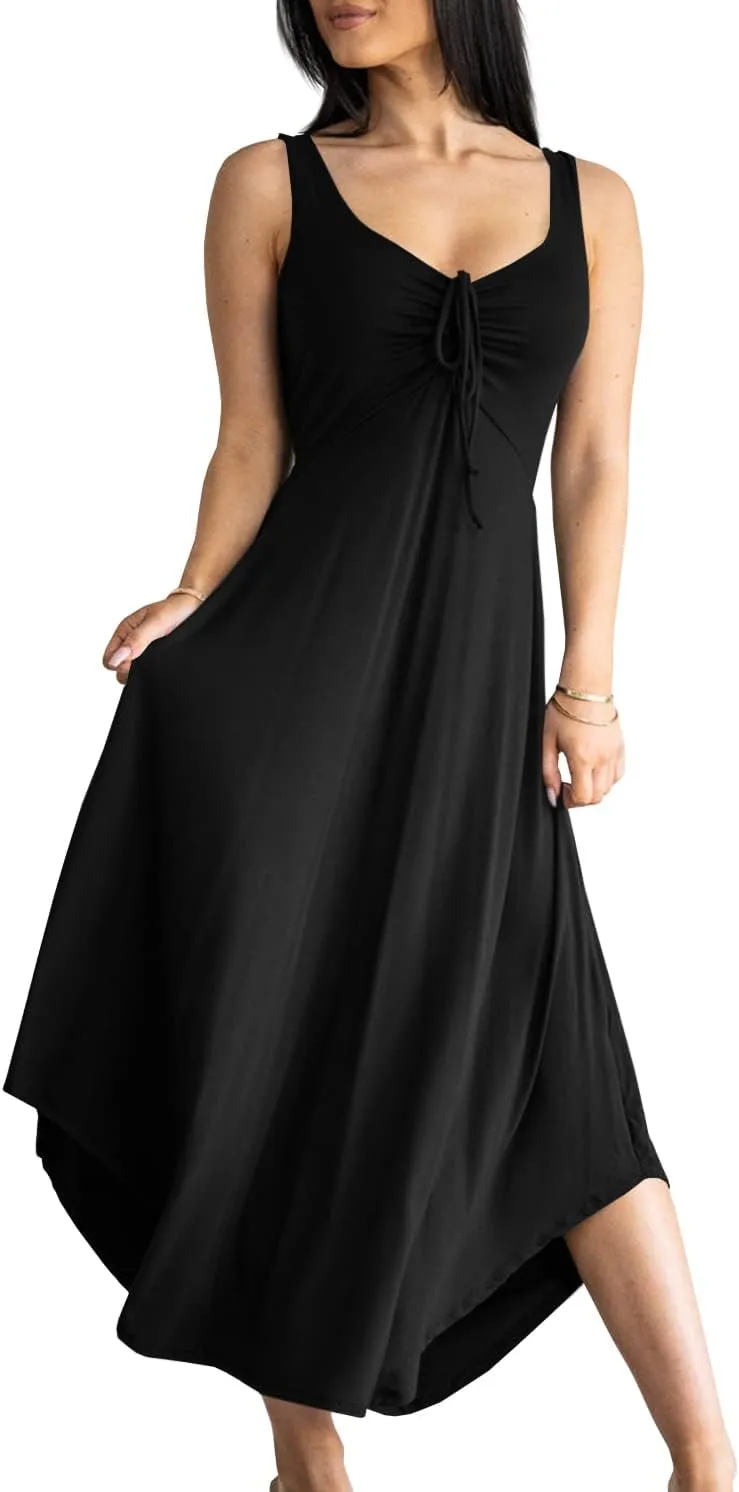 Langwyqu Womens 2025 Summer Sleeveless Tank Dress Empire Waist Asymmetrical Flowy Casual Maxi Dresses