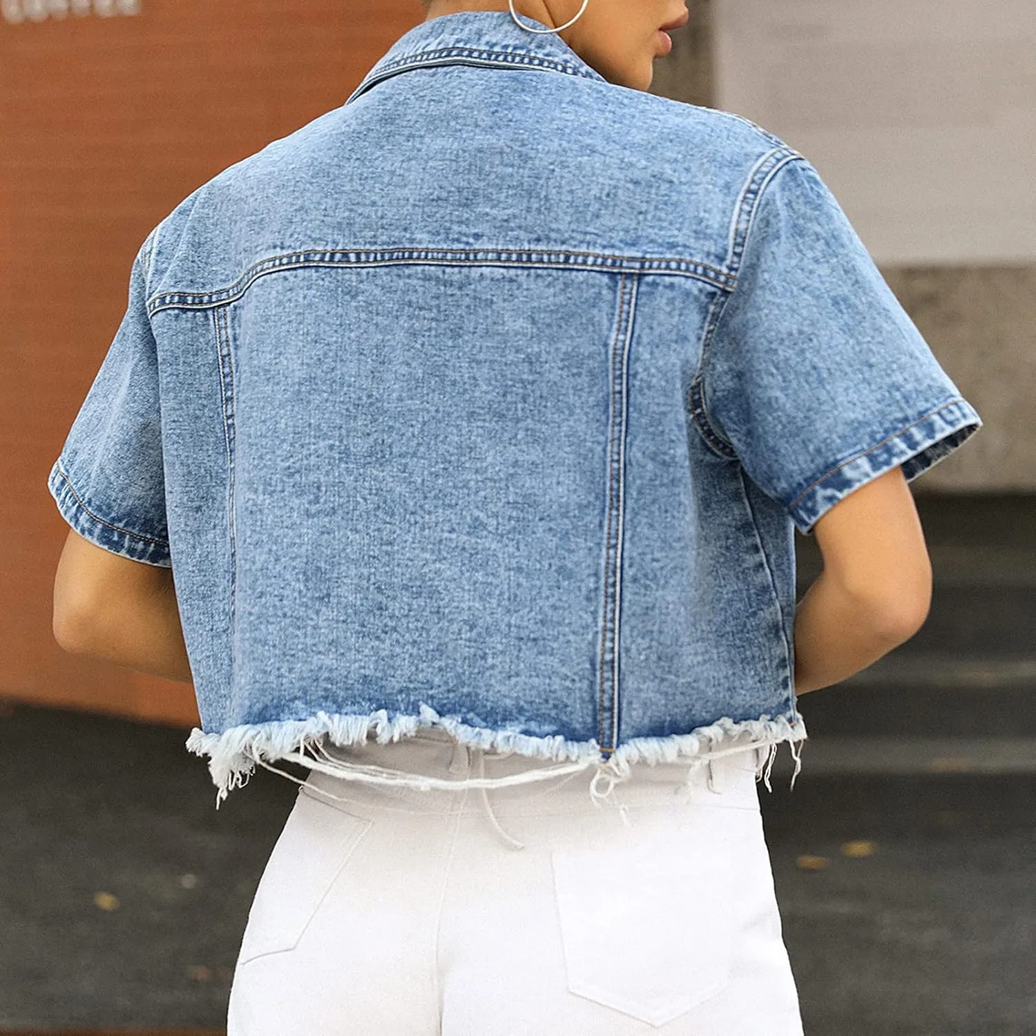 LifeShe Women Cropped Ripped Distressed Denim Jean Jacket Coat Fringe with Frayed Hem