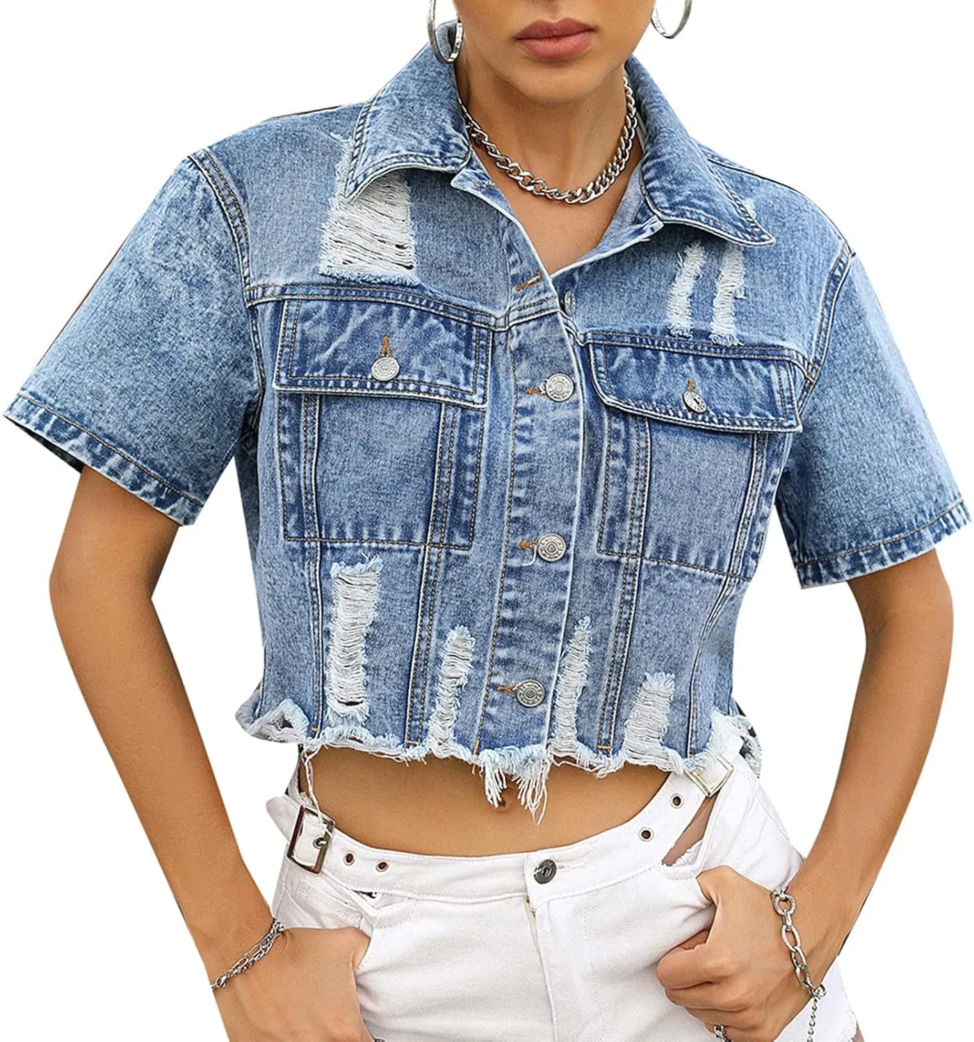 LifeShe Women Cropped Ripped Distressed Denim Jean Jacket Coat Fringe with Frayed Hem