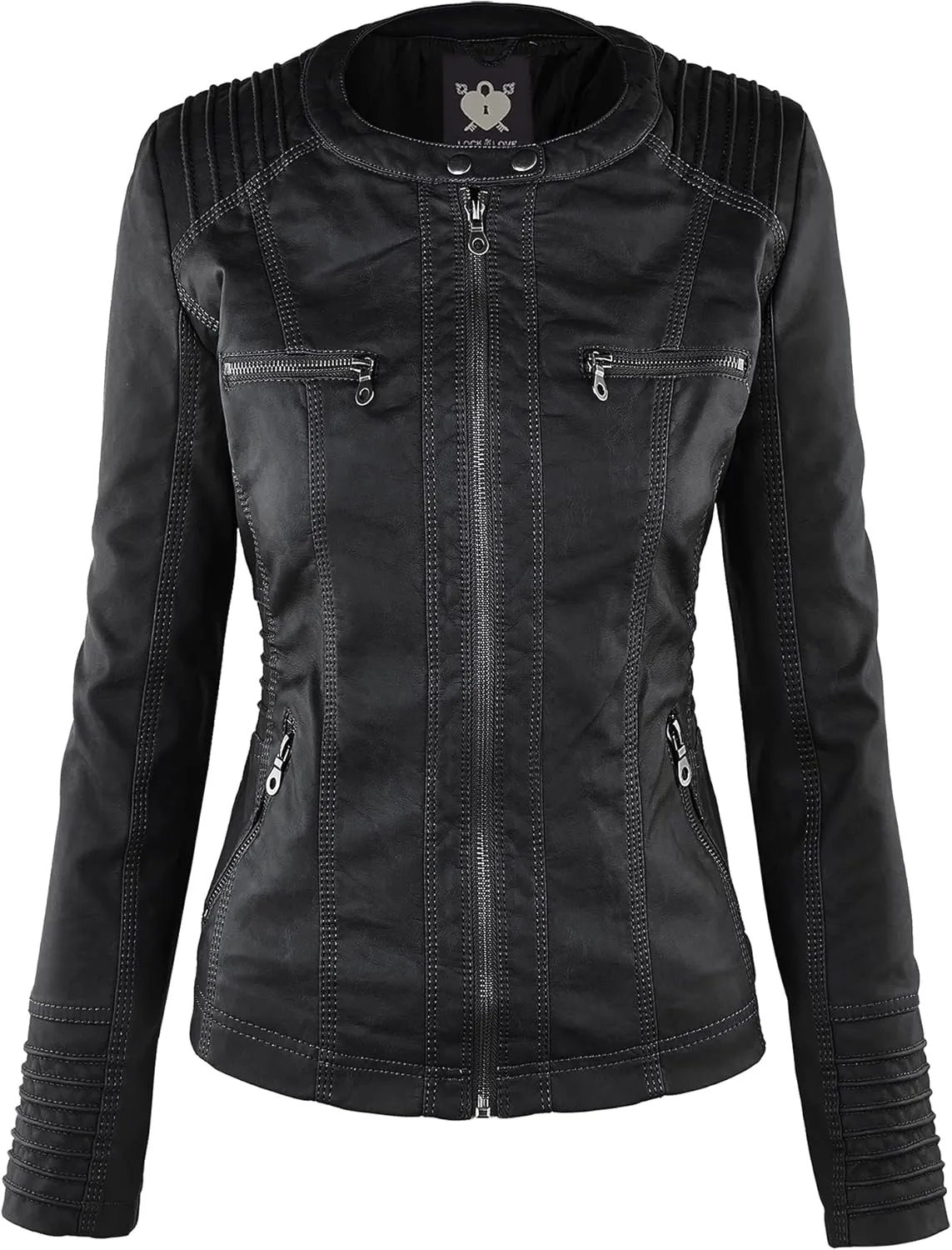 Lock and Love Women's Faux Leather Moto Biker Jacket Coat with Removable or Non-Removable Hood