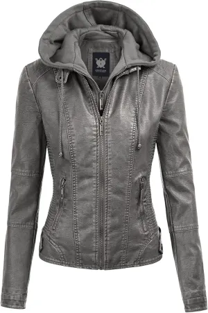 Lock and Love Women's Faux Leather Moto Biker Jacket Coat with Removable or Non-Removable Hood