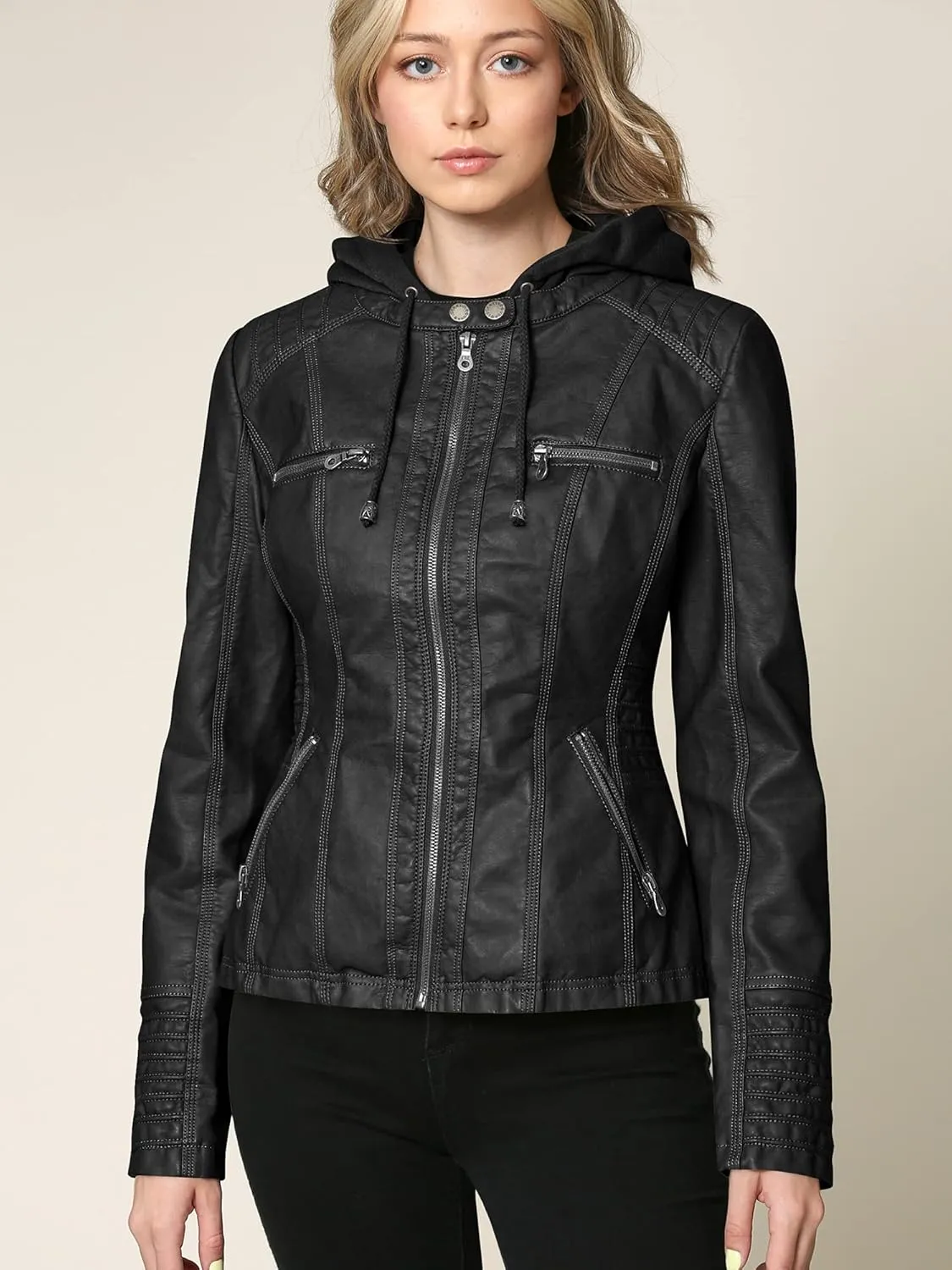Lock and Love Women's Faux Leather Moto Biker Jacket Coat with Removable or Non-Removable Hood