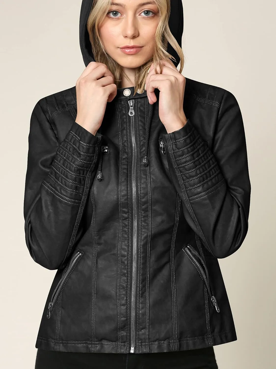 Lock and Love Women's Faux Leather Moto Biker Jacket Coat with Removable or Non-Removable Hood