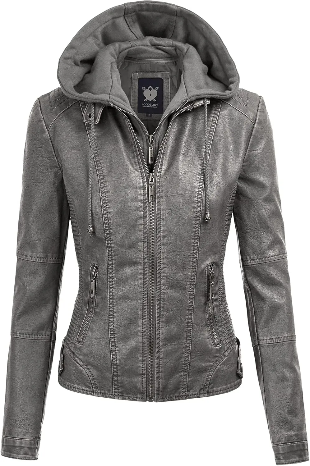 Lock and Love Women's Faux Leather Moto Biker Jacket Coat with Removable or Non-Removable Hood