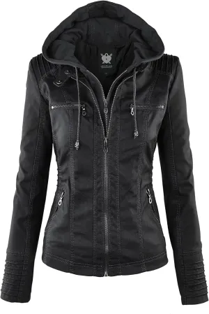 Lock and Love Women's Faux Leather Moto Biker Jacket Coat with Removable or Non-Removable Hood