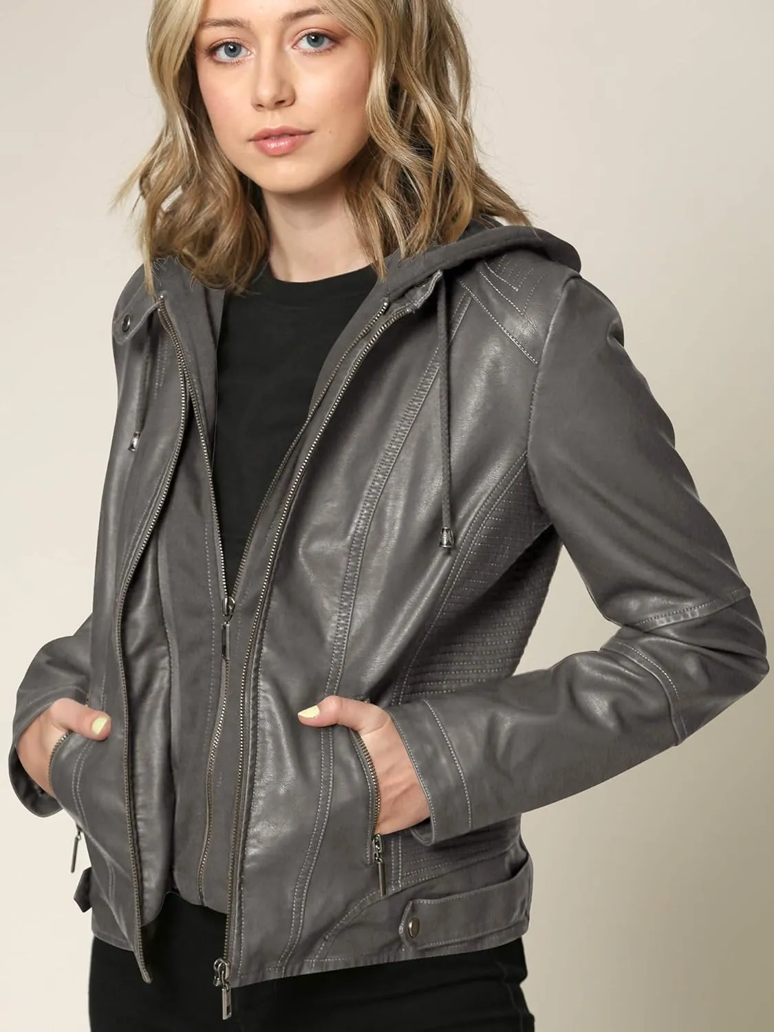Lock and Love Women's Faux Leather Moto Biker Jacket Coat with Removable or Non-Removable Hood