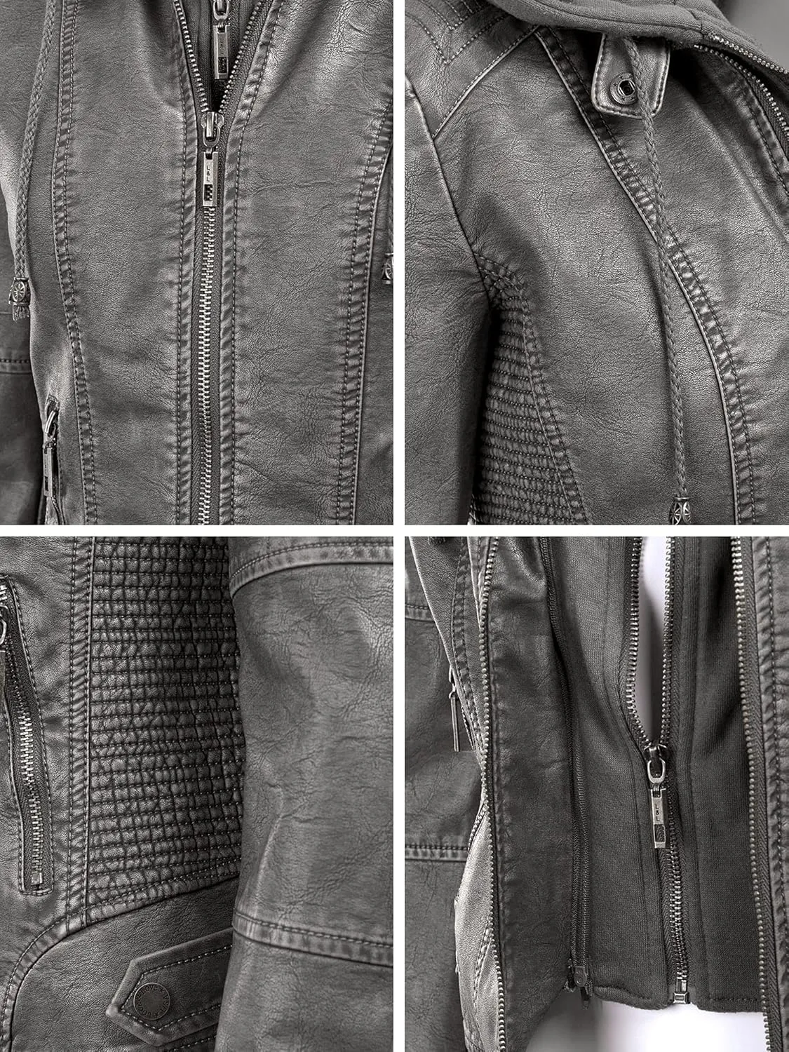 Lock and Love Women's Faux Leather Moto Biker Jacket Coat with Removable or Non-Removable Hood