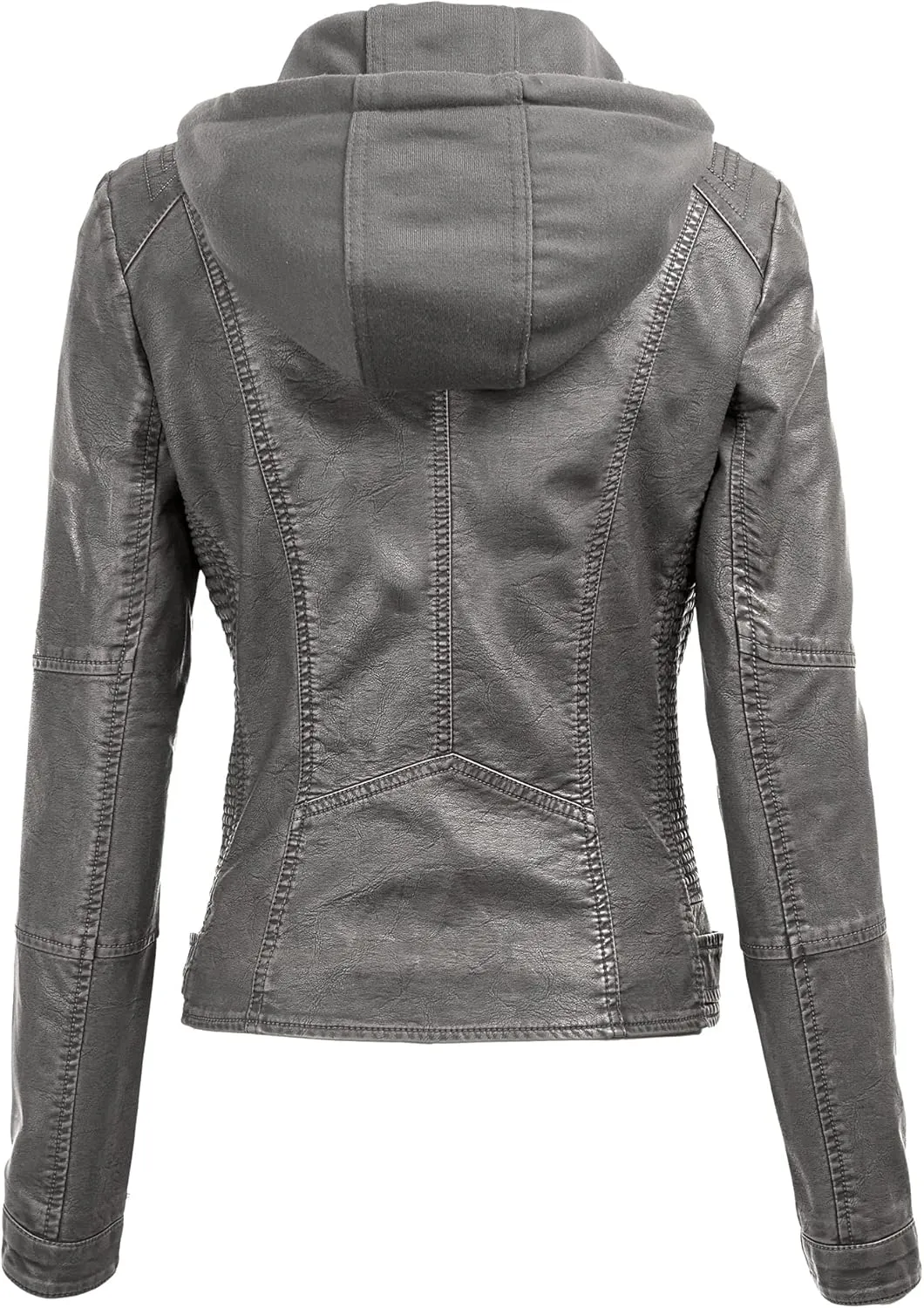 Lock and Love Women's Faux Leather Moto Biker Jacket Coat with Removable or Non-Removable Hood