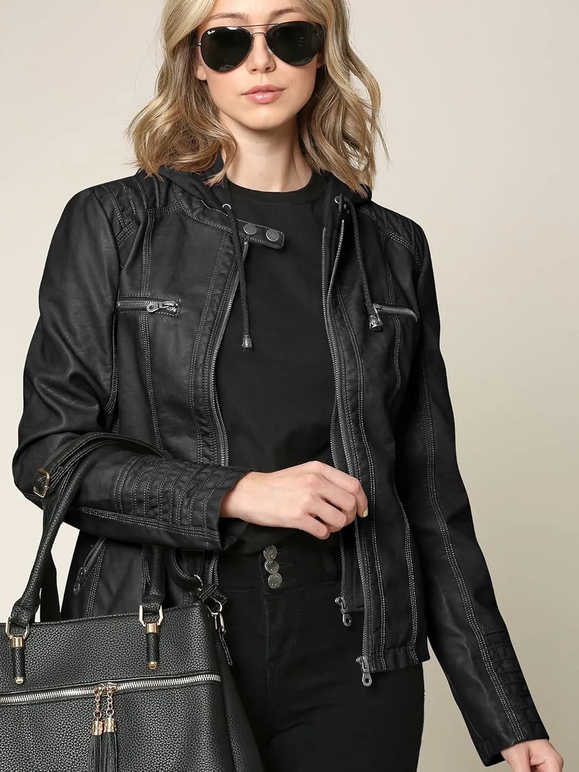 Lock and Love Women's Faux Leather Moto Biker Jacket Coat with Removable or Non-Removable Hood