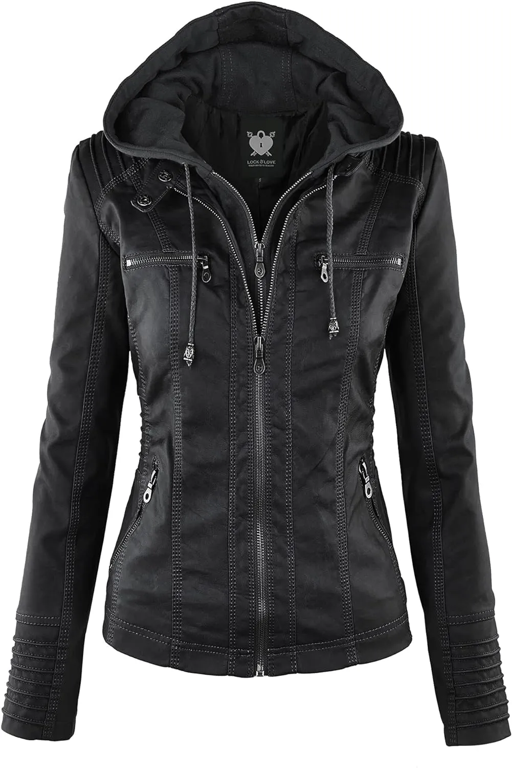 Lock and Love Women's Faux Leather Moto Biker Jacket Coat with Removable or Non-Removable Hood