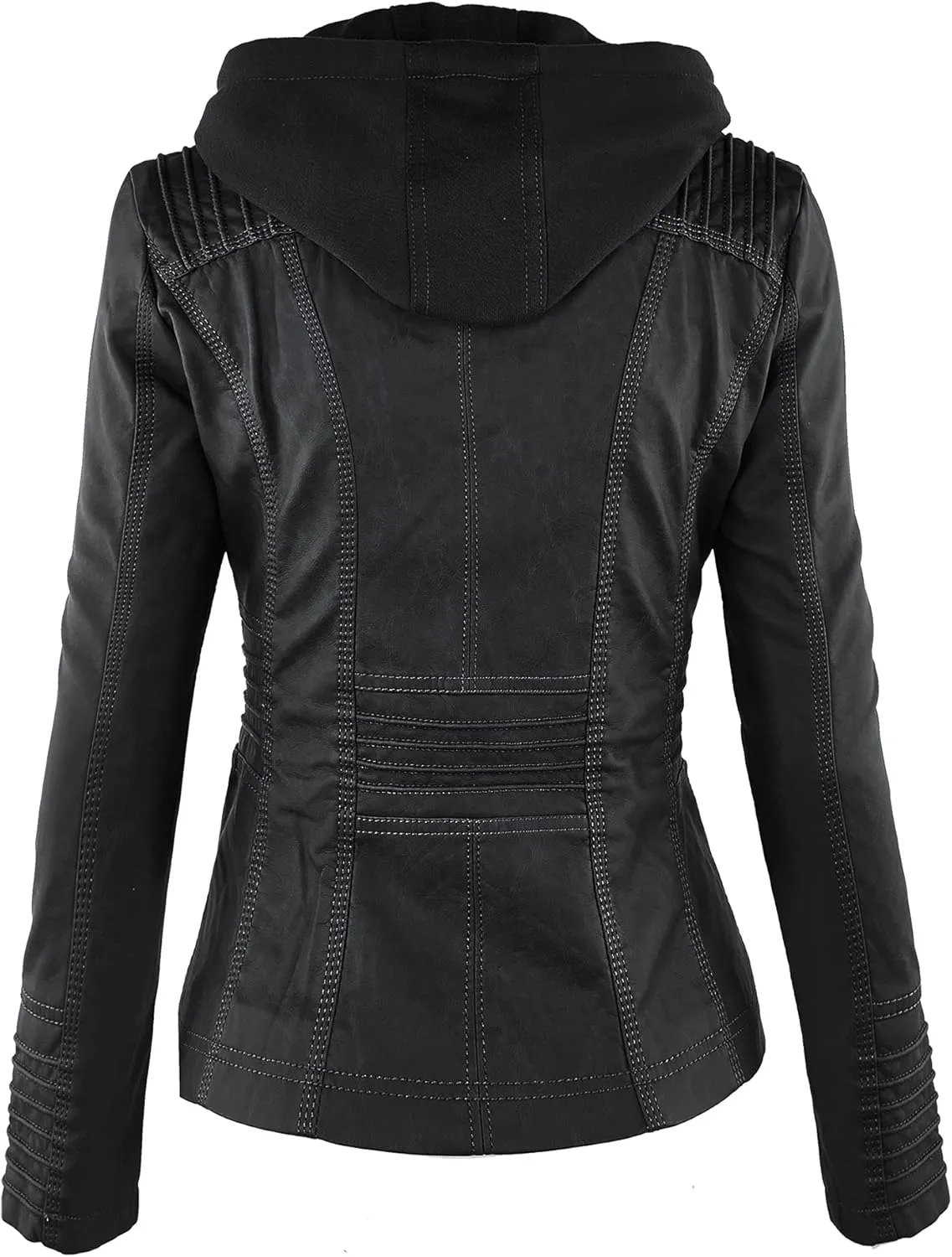 Lock and Love Women's Faux Leather Moto Biker Jacket Coat with Removable or Non-Removable Hood
